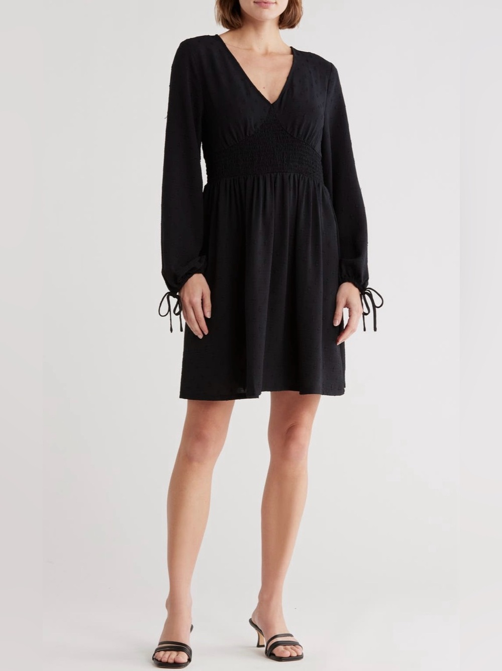 Melrose and Market Black V-Neck Long Sleeve Smocked Waist Dress